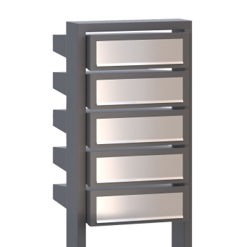 Pašto dėžučių sistema "Stairs for Five", pilka metalo spalvos, su nerūdijančio plieno durelėmis.