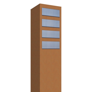 Pašto dėžučių sistema "Monolith" keturioms šeimoms, rūdžių spalvos, su nerūdijančio plieno durelėmis.