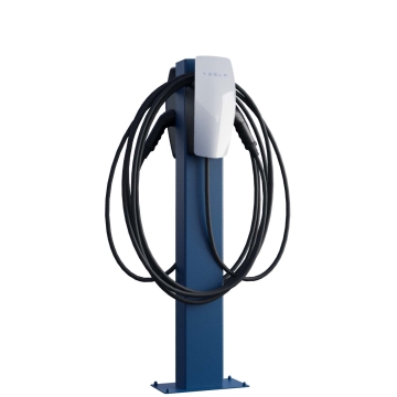 Tesla Wallbox "VoltStand for Two" stovas su pagrindu, mėlynas.